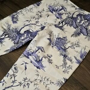 Vintage Silk Club Chinoiserie Toile Pants Blue White Asian Pagoda Linen Size 6